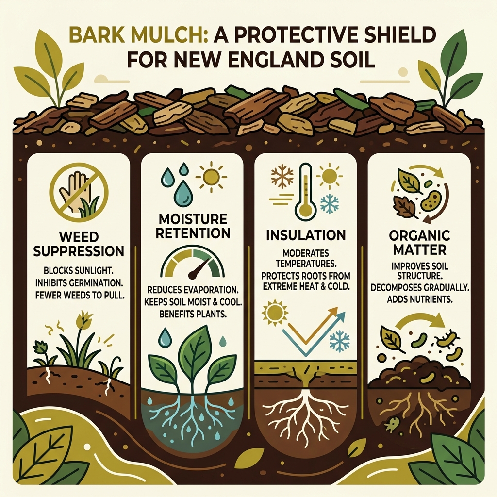 Infographic showing bark mulch protective layers for New England soil: weed suppression, moisture retention, insulation, and