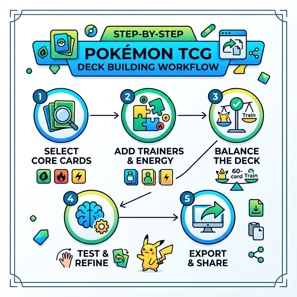 Step-by-step Pokémon TCG deck building workflow from card selection to export - pokemon trading card deck builder