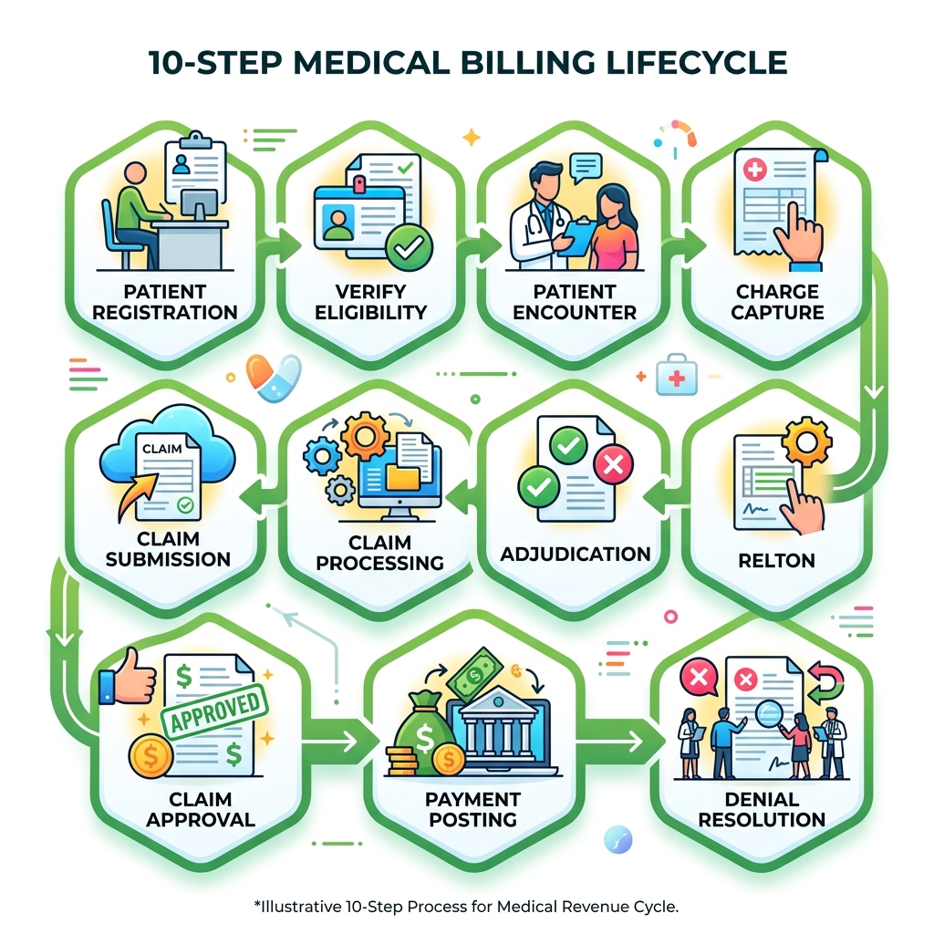 10-step medical billing lifecycle infographic showing patient registration through payment posting and denial resolution 10-step medical billing lifecycle infographic showing patient registration through payment posting and denial resolution