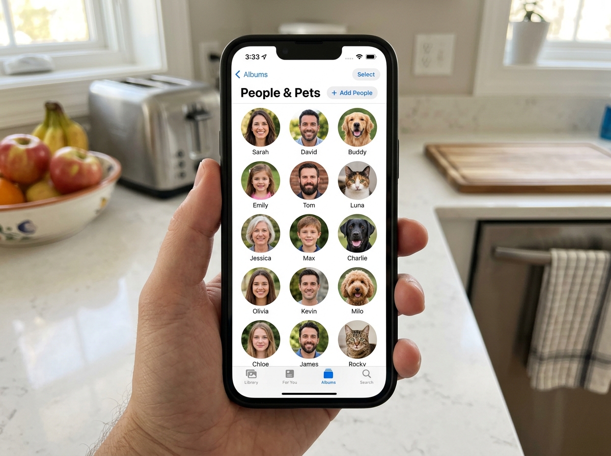 The People and Pets album interface showing various recognized faces - tag photos iphone