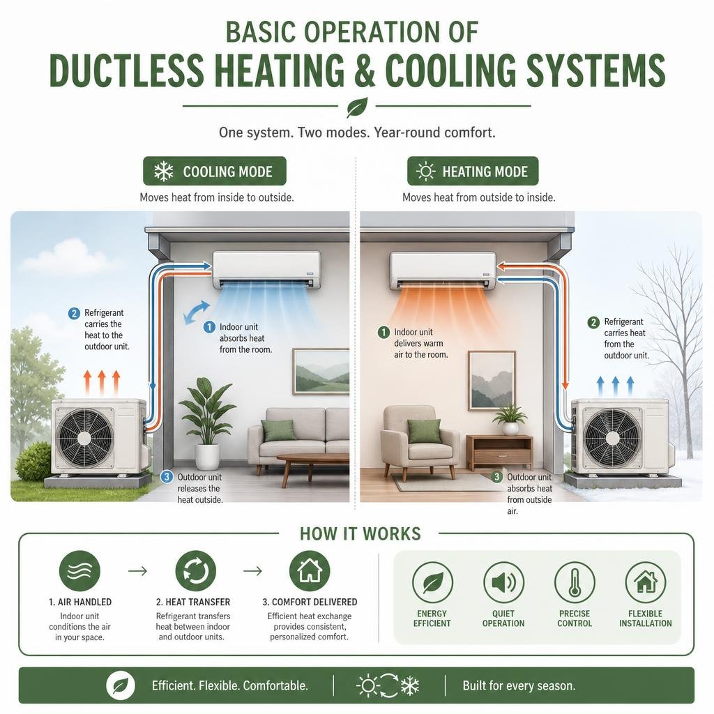 basic operation of ductless heating and cooling systems infographic