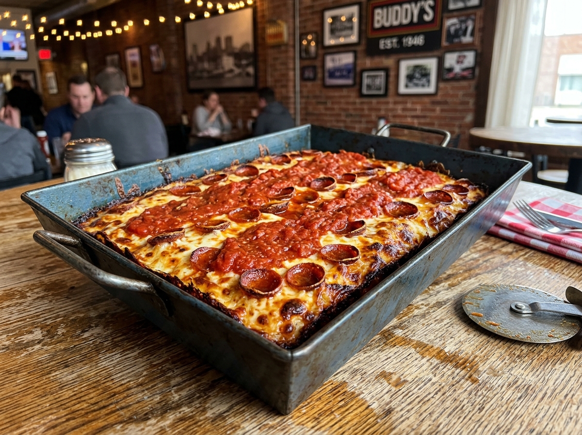 Authentic Detroit-style square pizza with caramelized edges - Detroit restaurant guide