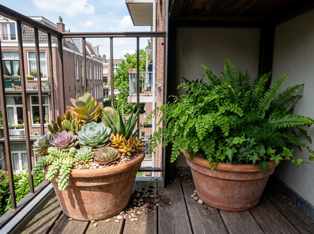 Visual comparison of sun-loving succulents vs shade-loving ferns in balcony containers - easy care balcony plants
