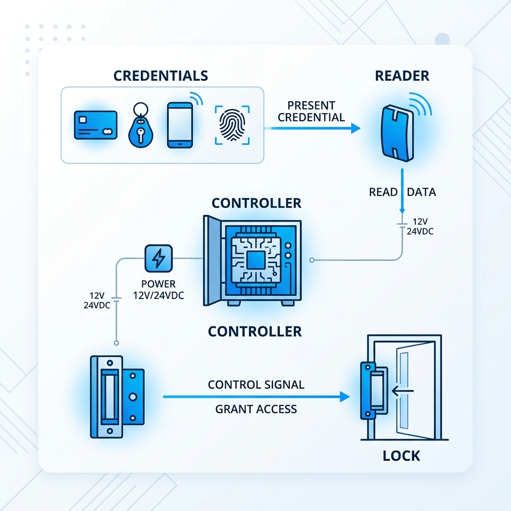 Basic architecture of a door access control system showing reader, controller, lock, and credentials - door access control