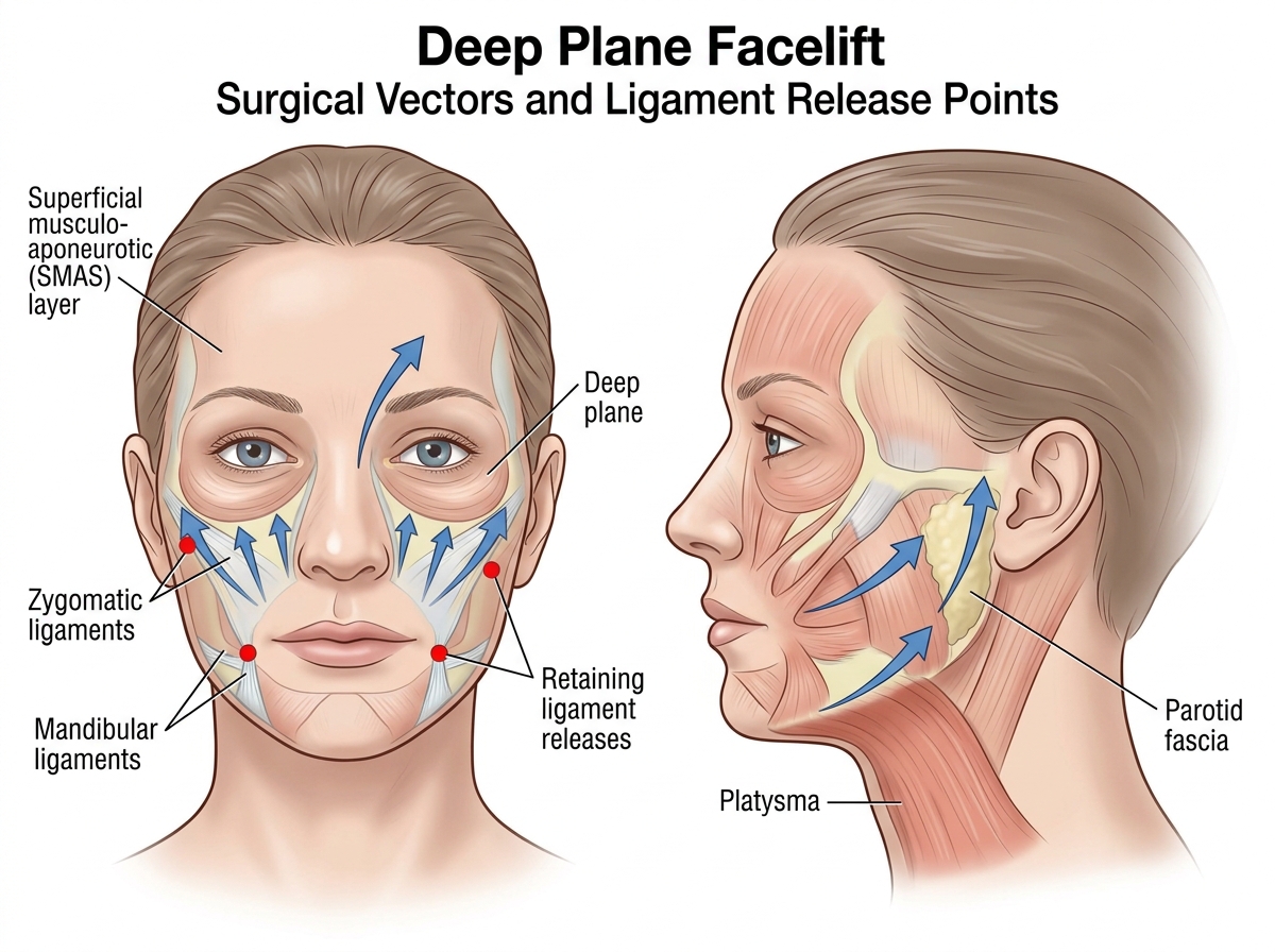 Diagram showing deep plane surgical vectors and ligament release points - deep plane vs smas facelift: what sophisticated