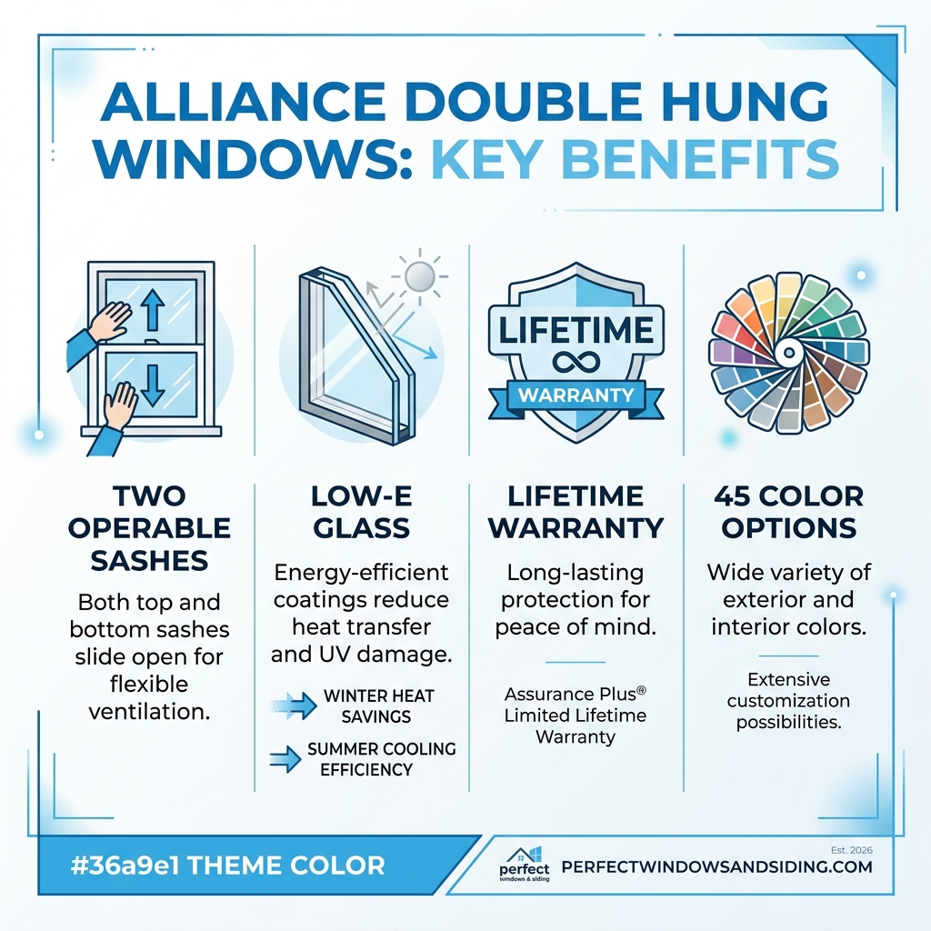 Infographic showing key benefits of Alliance double hung windows: two operable sashes, Low-E glass, lifetime warranty, 45 Infographic showing key benefits of Alliance double hung windows: two operable sashes, Low-E glass, lifetime warranty, 45