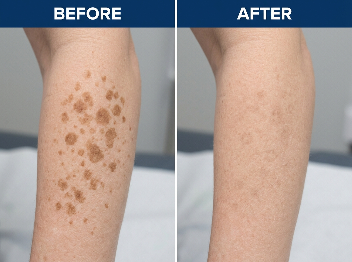 Before and after results for pigmented lesion treatment on a patient's arm, showing significant fading of sunspots - deka Before and after results for pigmented lesion treatment on a patient's arm, showing significant fading of sunspots - deka
