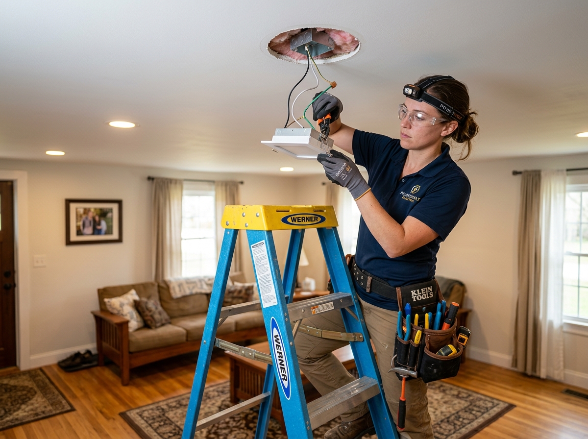 professional electrician installing modern recessed lighting in a residential ceiling - cheap electrician near me free