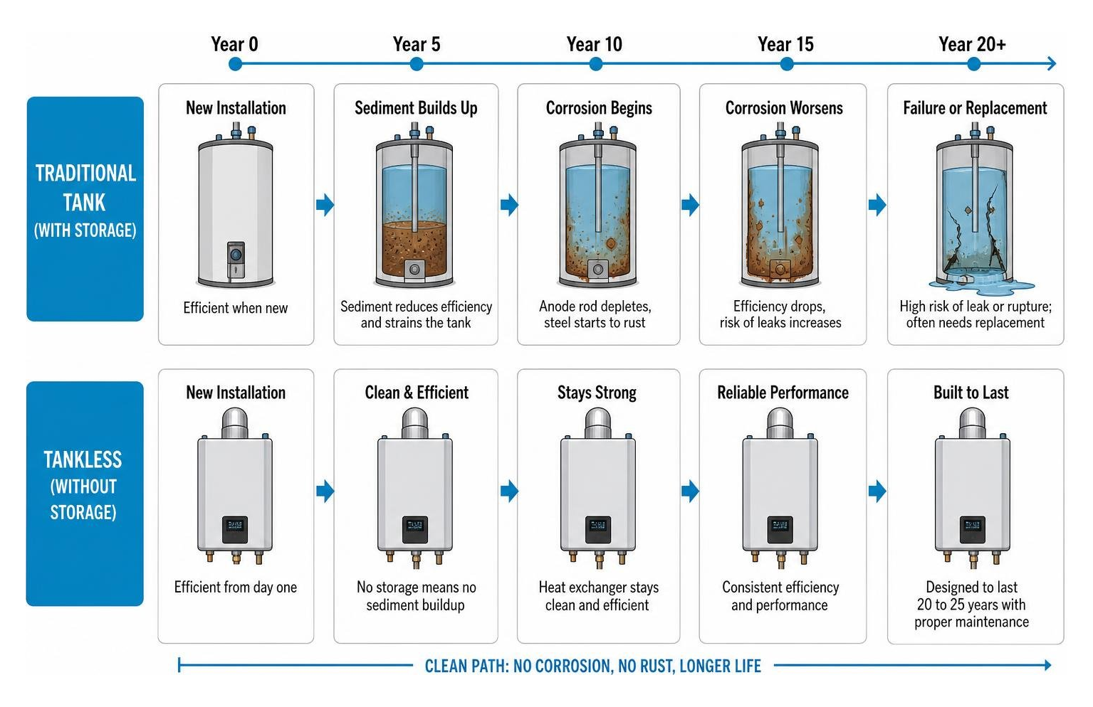 Diagram showing how a traditional tank corrodes over time vs the clean path of a tankless system Diagram showing how a traditional tank corrodes over time vs the clean path of a tankless system