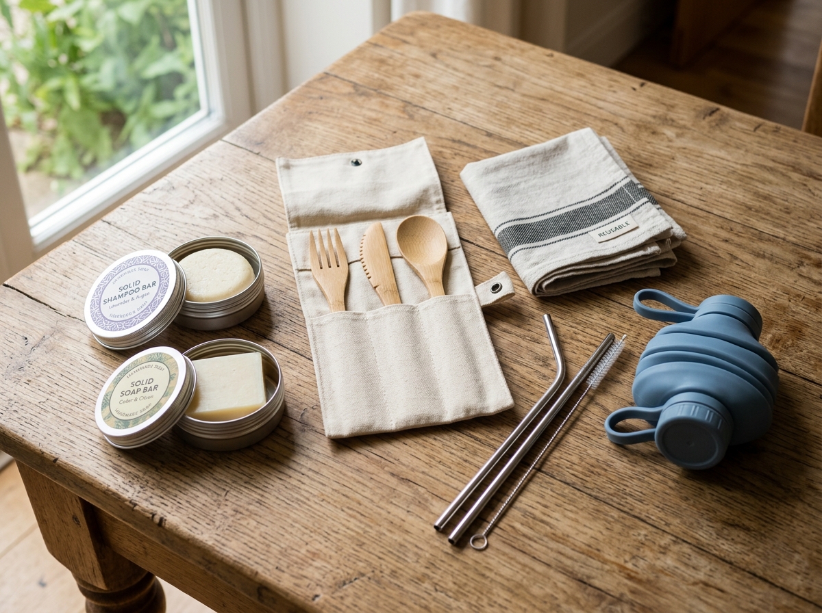 zero-waste travel kit with bamboo cutlery and solid toiletries - zero waste travel budgeting