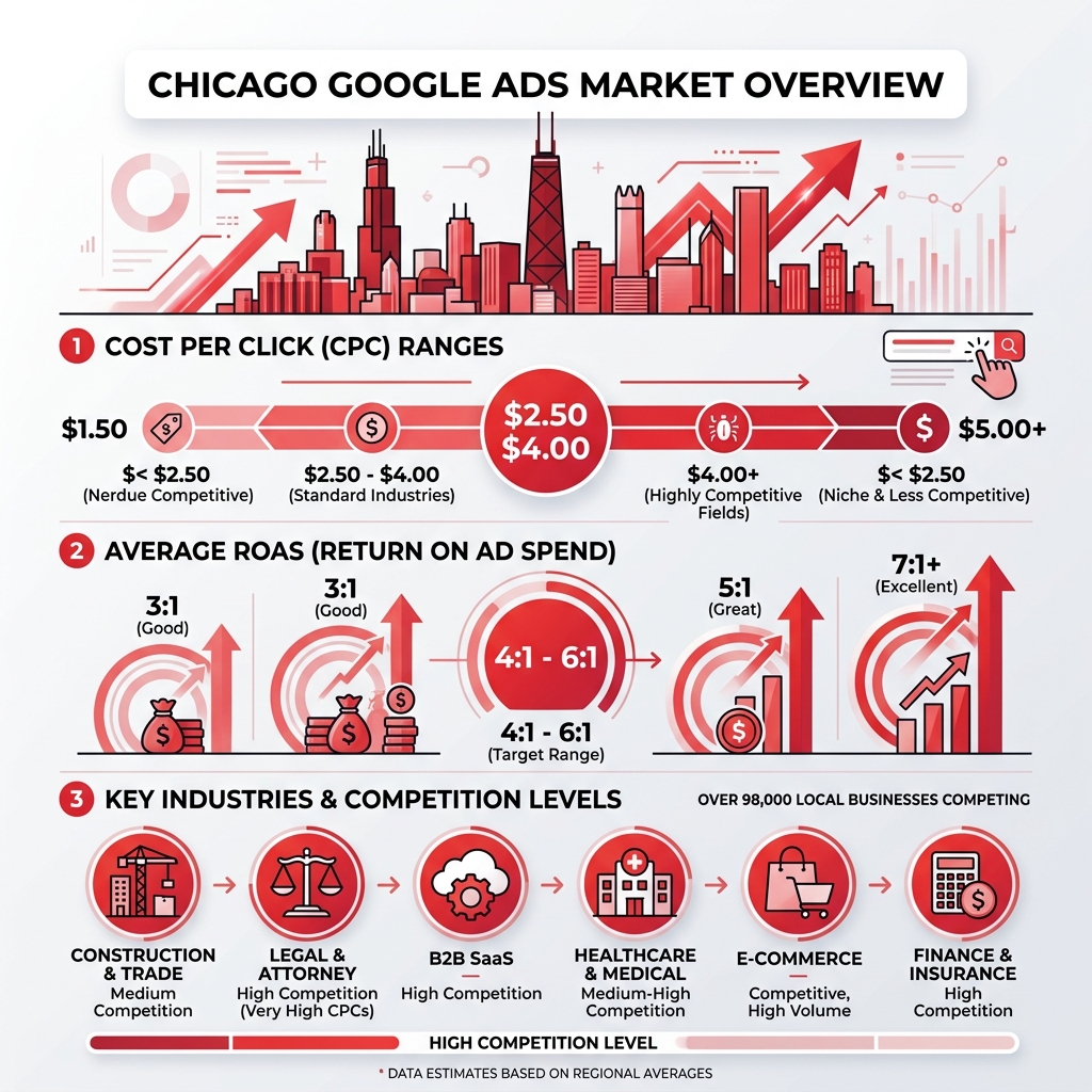 Chicago Google Ads market overview infographic showing CPC ranges, average ROAS, and key industries - best google ads