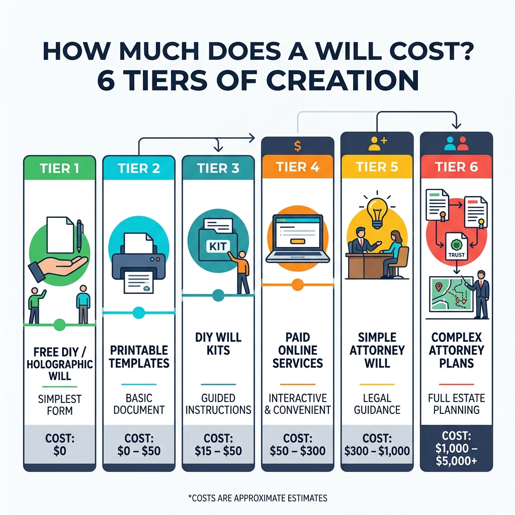 6 tiers of will creation costs from free DIY to attorney-drafted plans - how much does a will cost infographic 