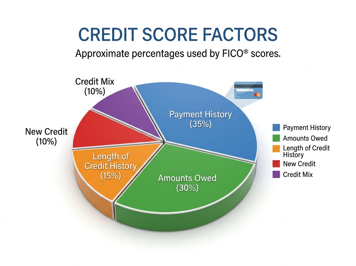 Graphic showing credit score factors: 35% payment history, 30% amounts owed, 15% length of credit history, 10% new credit