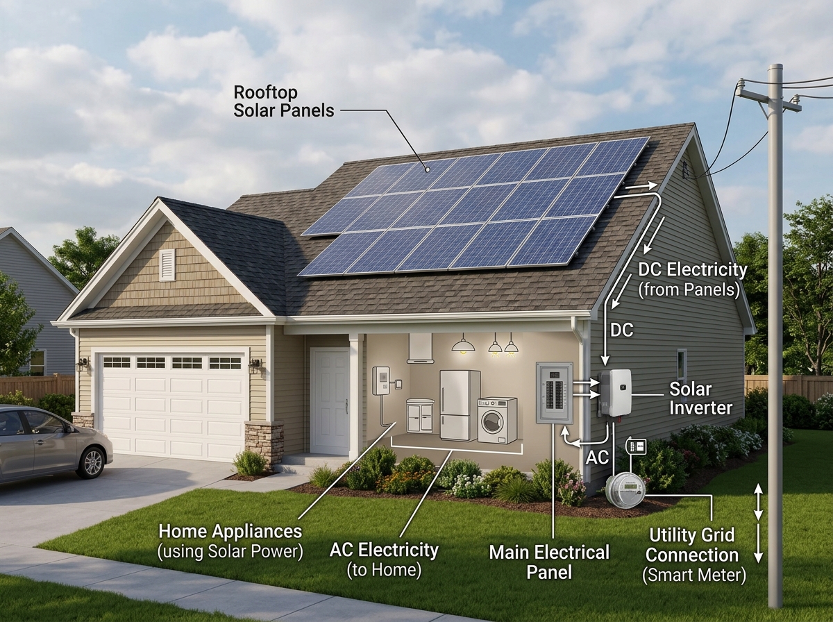 Diagram showing solar panels, inverter, and the flow of electricity into a home's electrical panel - guide to solar panels Diagram showing solar panels, inverter, and the flow of electricity into a home's electrical panel - guide to solar panels
