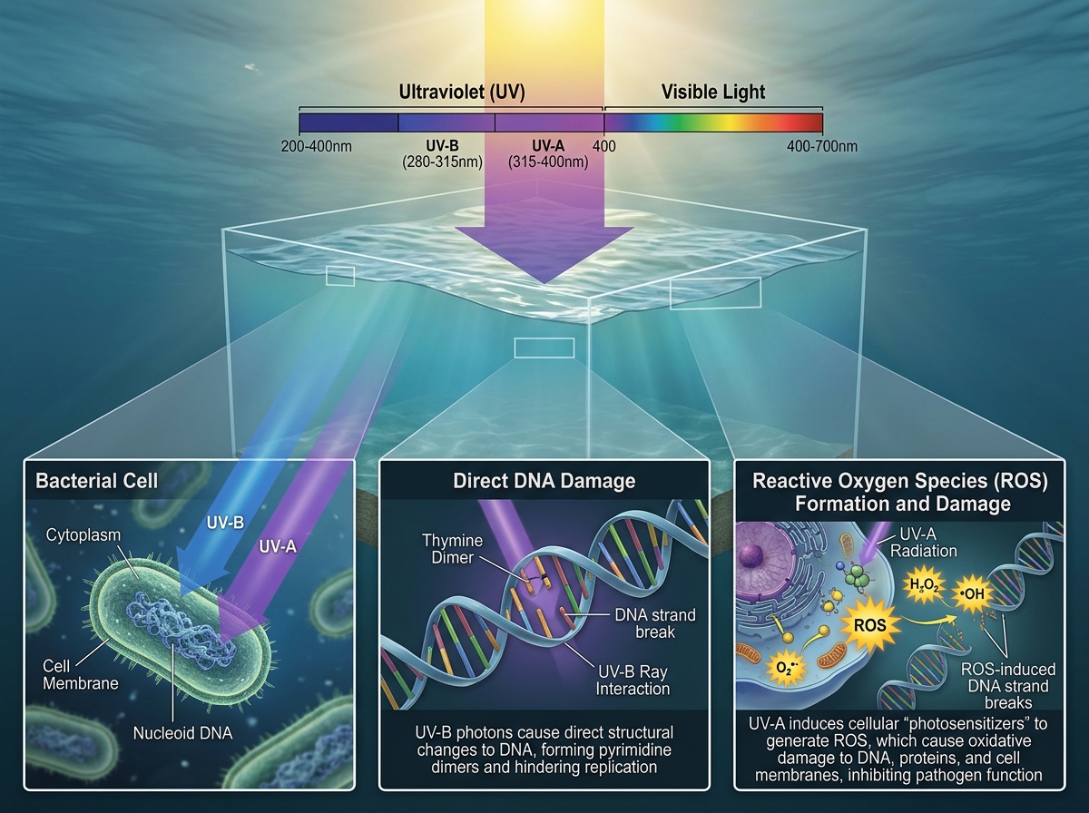 UV spectrum hitting water and damaging microorganisms - solar UV water purification