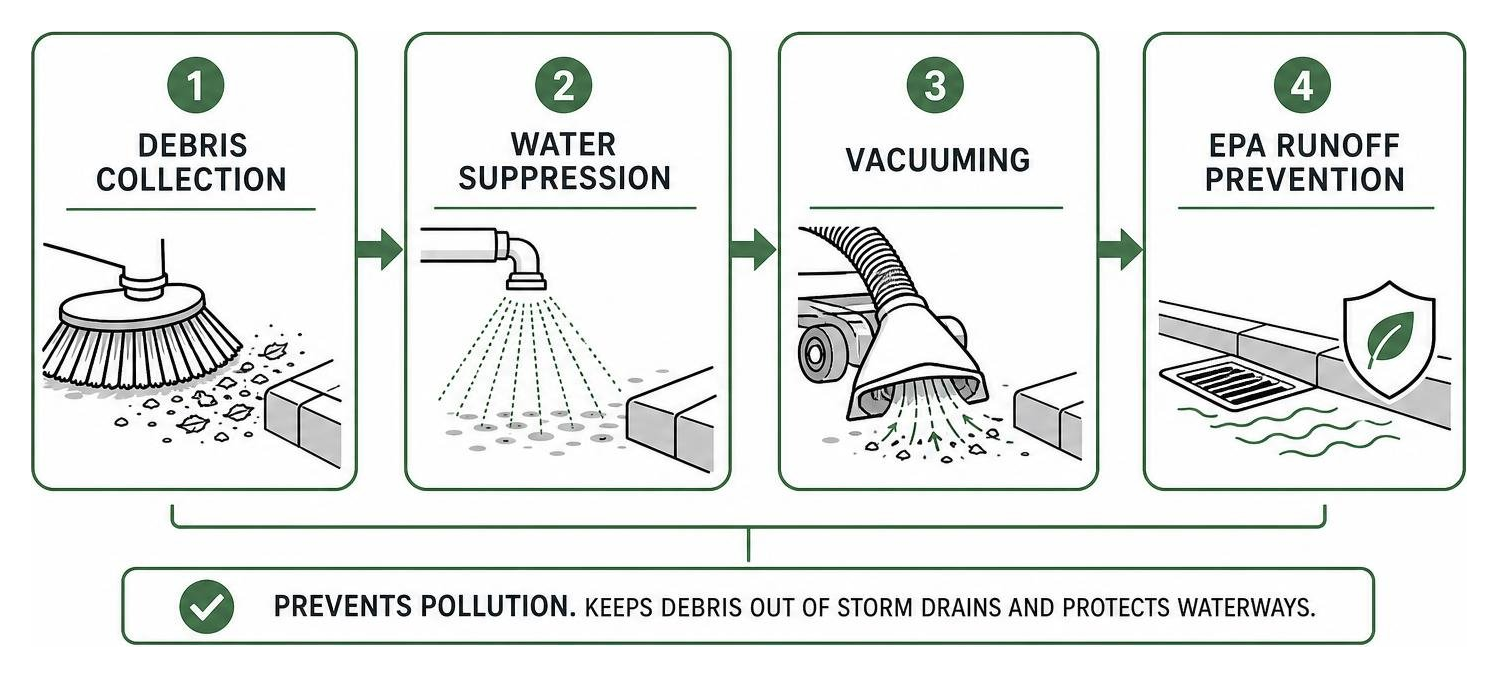Process of commercial power sweeping: debris collection, water suppression, vacuuming, and EPA runoff prevention