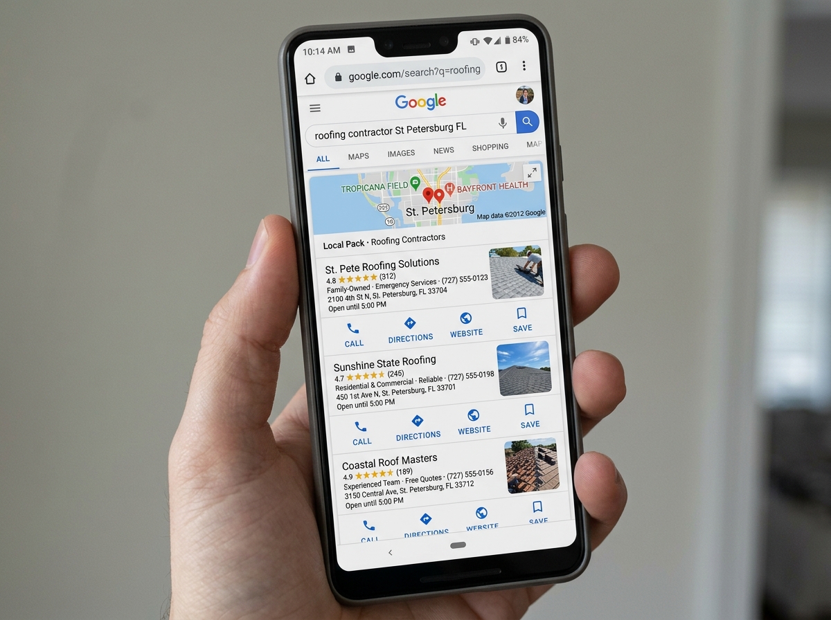 Person holding smartphone displaying Google search results for roofing contractors in St. Petersburg, highlighting local SEO strategies and Map Pack listings.