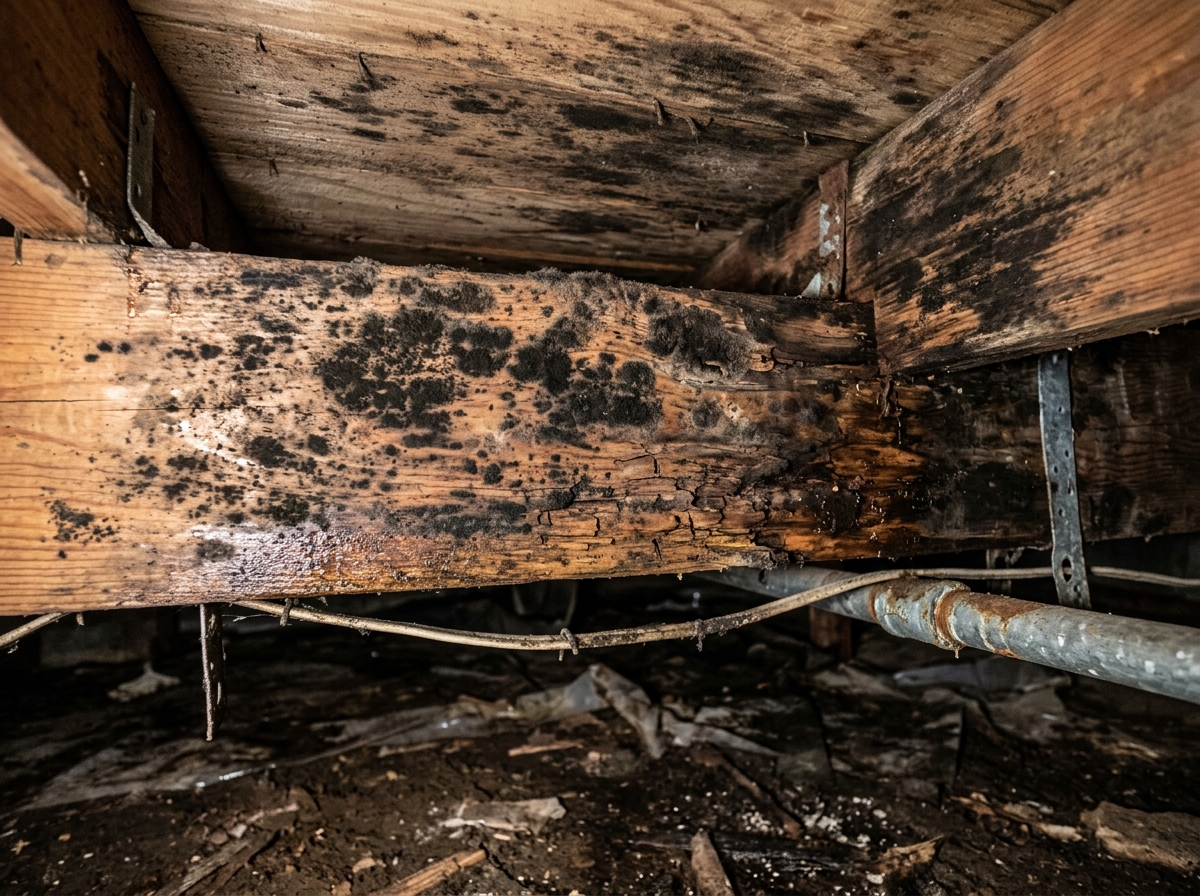 Mold growth on wooden floor joists in a damp crawl space - moisture control insulation Indiana