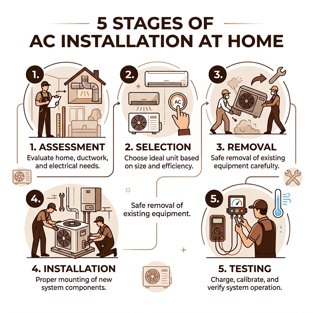 5 stages of AC installation at home: assessment, selection, removal, installation, testing - ac installation at home