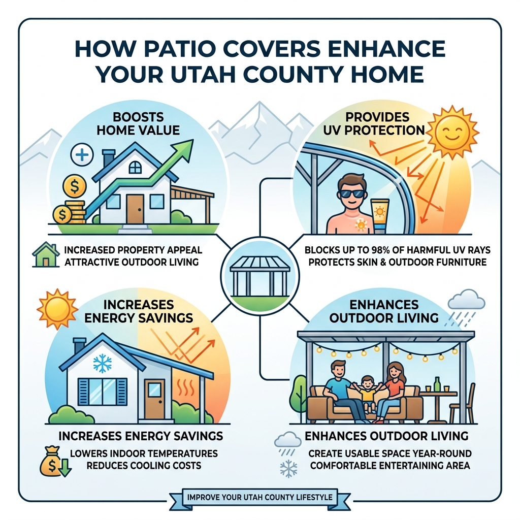 Infographic showing how patio covers enhance home value, UV protection, energy savings, and outdoor living in Utah County Infographic showing how patio covers enhance home value, UV protection, energy savings, and outdoor living in Utah County