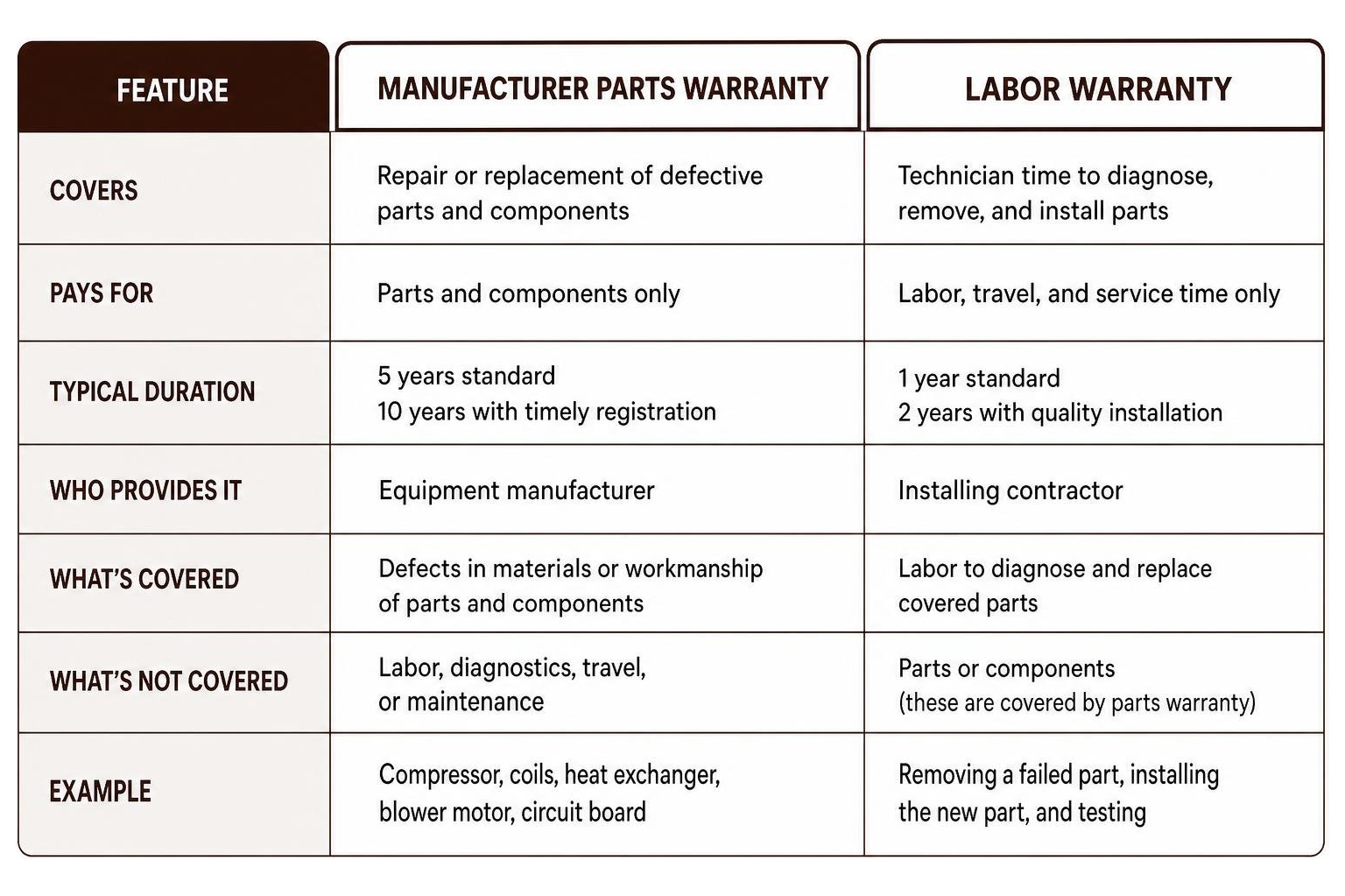 Comparison of standard manufacturer parts warranties versus labor warranties