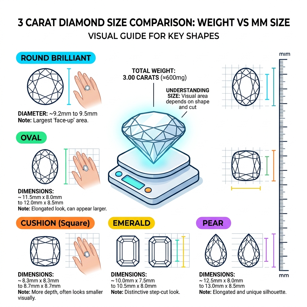 Infographic comparing carat weight to millimeter size for 3 carat diamonds - 3 carat wedding ring infographic Infographic comparing carat weight to millimeter size for 3 carat diamonds - 3 carat wedding ring infographic