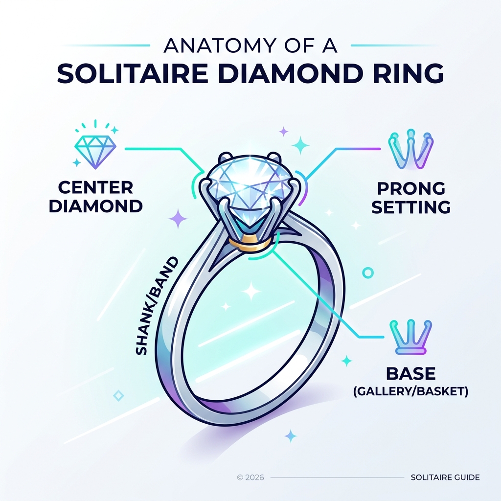 Infographic showing anatomy of a solitaire ring: center diamond, prong setting, shank/band, and base - Solitaire diamond