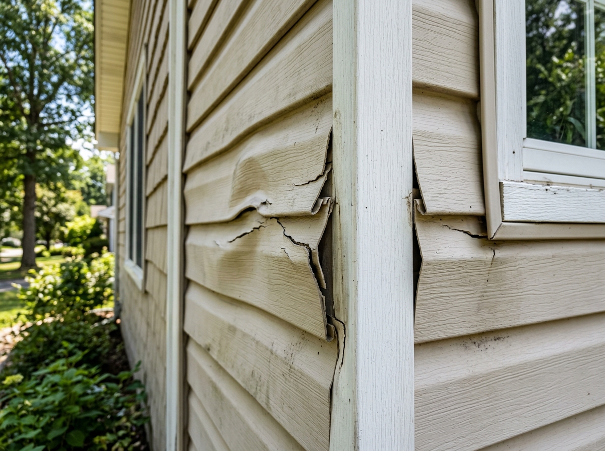 Close-up of warped vinyl siding showing heat damage - siding repair Helotes