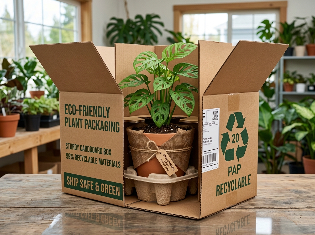 Eco-friendly plant packaging showing 99% recyclable materials used for shipping - fiddle leaf fig delivery Eco-friendly plant packaging showing 99% recyclable materials used for shipping - fiddle leaf fig delivery