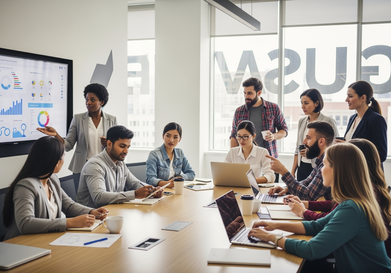 A diverse group of tech professionals collaborating confidently around a table - executive presence coaching