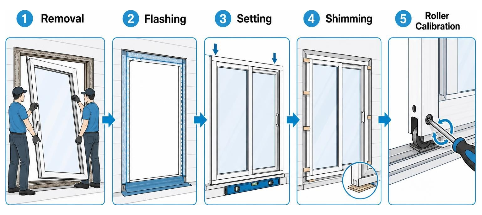 Diagram showing door replacement sequence: removal, flashing, setting, shimming, and roller calibration Diagram showing door replacement sequence: removal, flashing, setting, shimming, and roller calibration