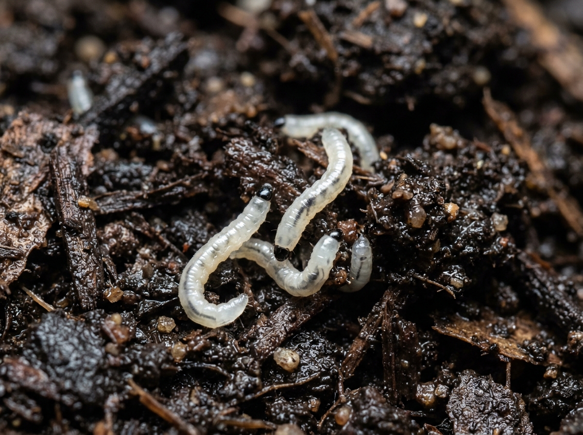 Close-up of fungus gnat larvae in soil medium - natural pest control microgreens