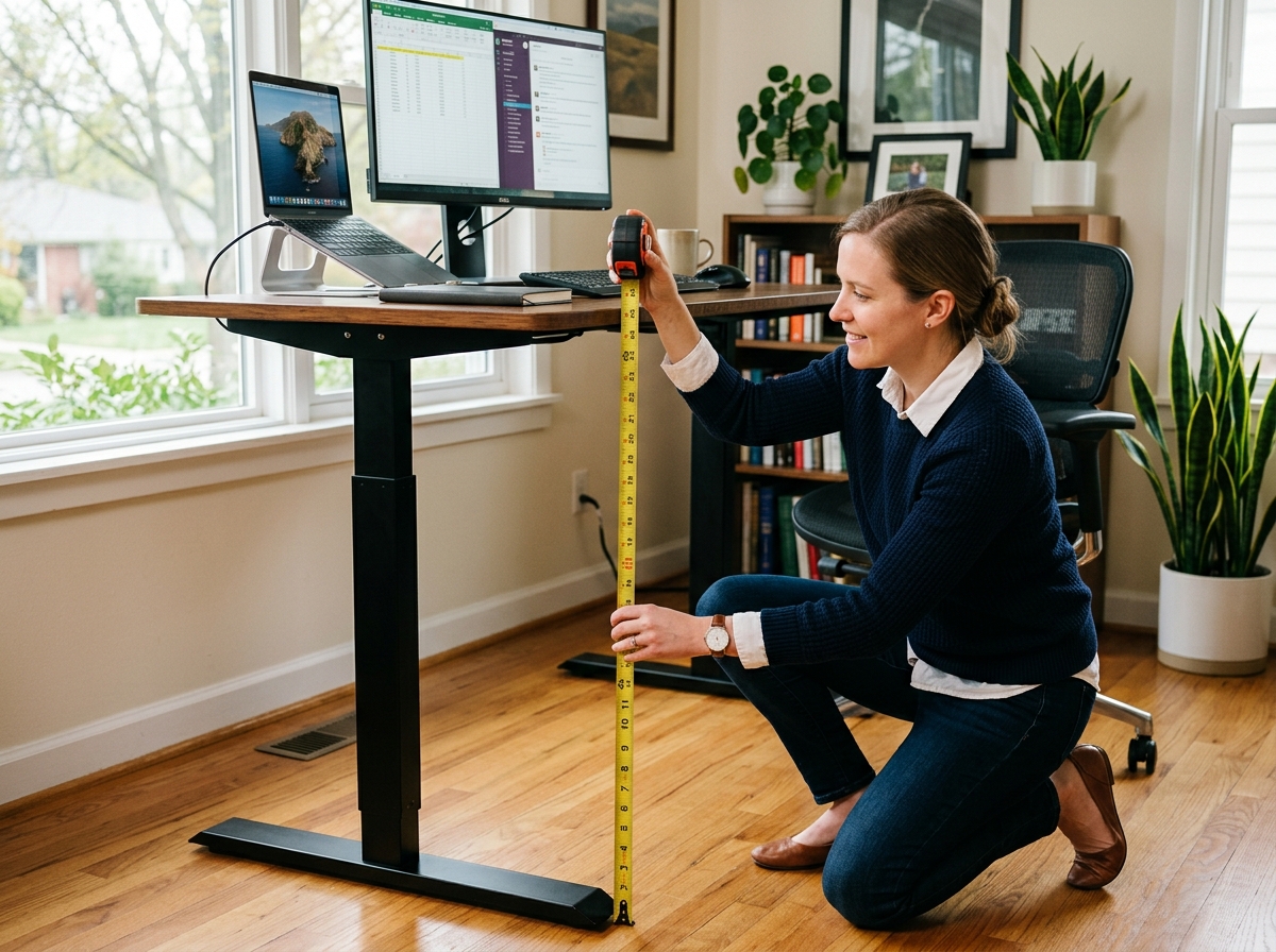 A person measuring the height of their standing desk with a tape measure - standing desk ergonomics guide A person measuring the height of their standing desk with a tape measure - standing desk ergonomics guide