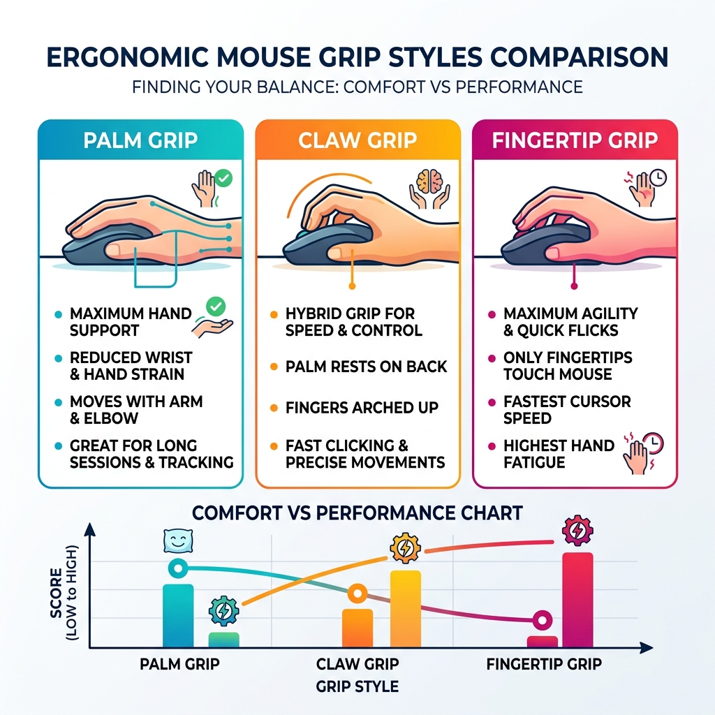 Ergonomic mouse grip styles comparison: palm, claw, fingertip, comfort vs. performance chart - ergonomic mouse grip Ergonomic mouse grip styles comparison: palm, claw, fingertip, comfort vs. performance chart - ergonomic mouse grip