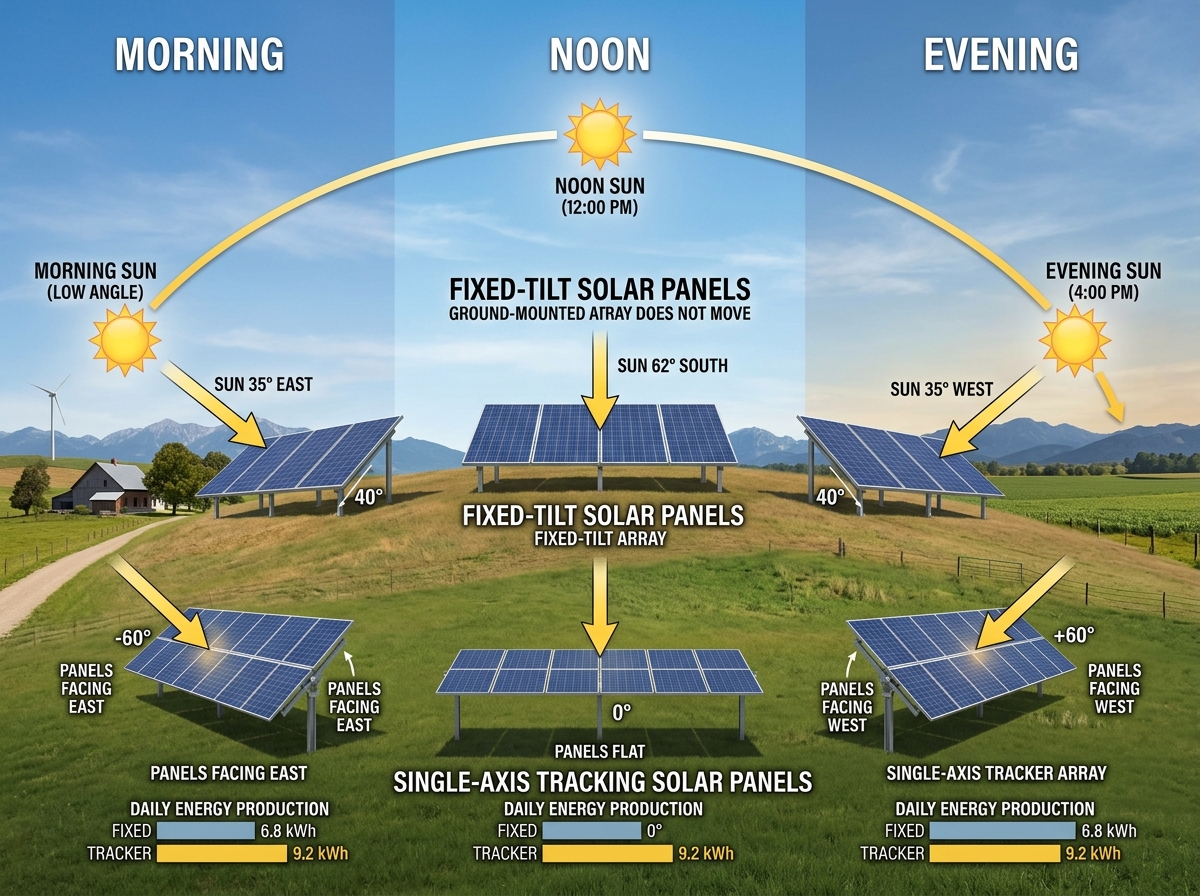 Diagram showing sun angles and panel orientation throughout the day - automatic solar tracker project