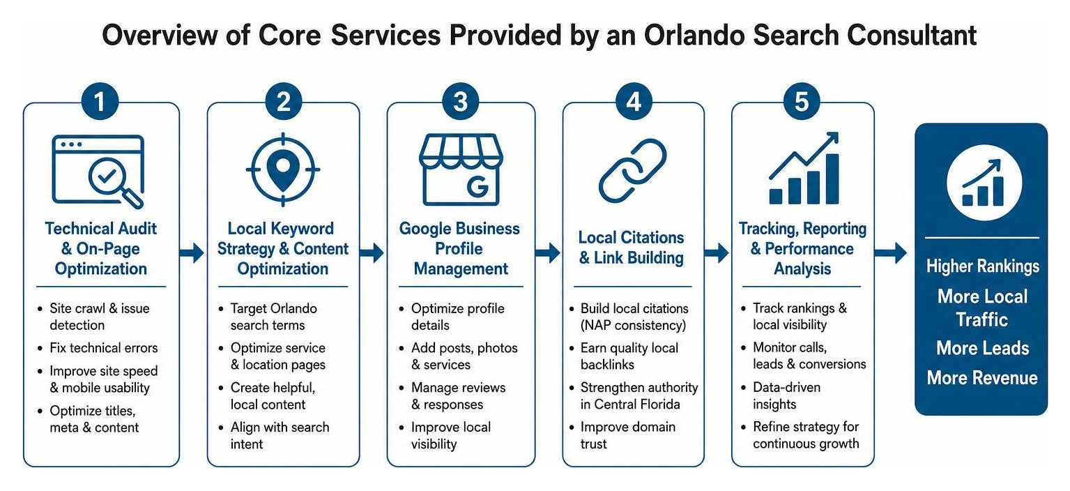 Orlando SEO consultant services: technical audit, keyword optimization, Google Business Profile management, local citations, and