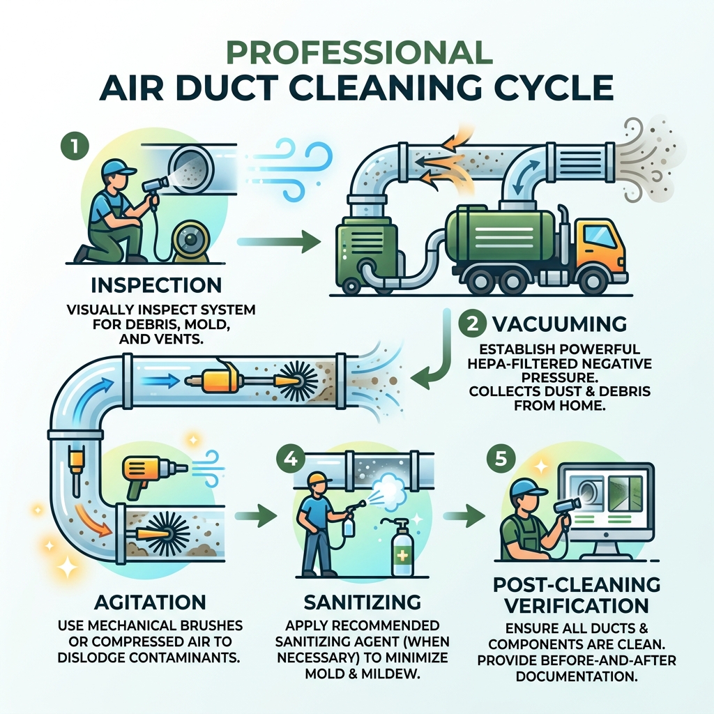 Infographic showing the professional air duct cleaning cycle: inspection, vacuuming, agitation, sanitizing, and
