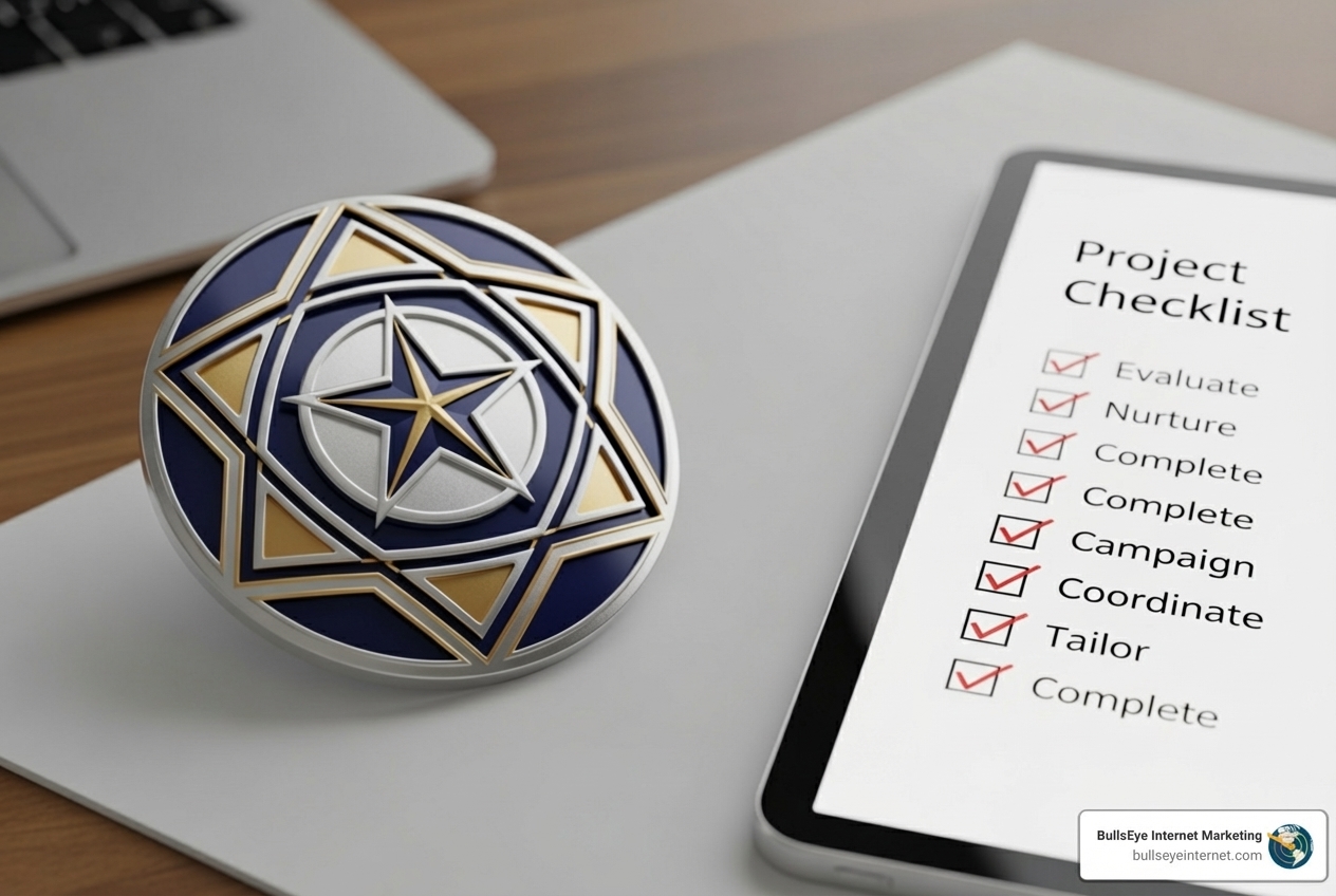 Project checklist with completed tasks and a decorative star emblem, symbolizing effective management in Google PPC campaigns, alongside a tablet displaying organized project steps.