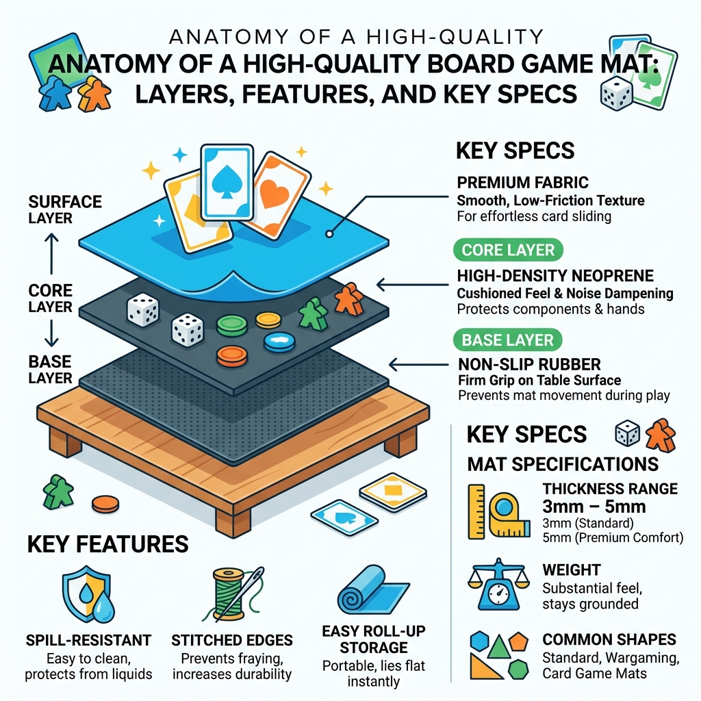 Anatomy of a high-quality board game mat: layers, features, and key specs - board game mat infographic Anatomy of a high-quality board game mat: layers, features, and key specs - board game mat infographic