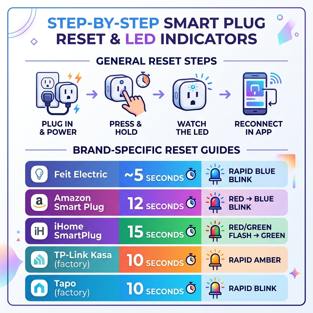 Step-by-step smart plug reset process infographic with LED indicators by brand - how to reset smart plug infographic 