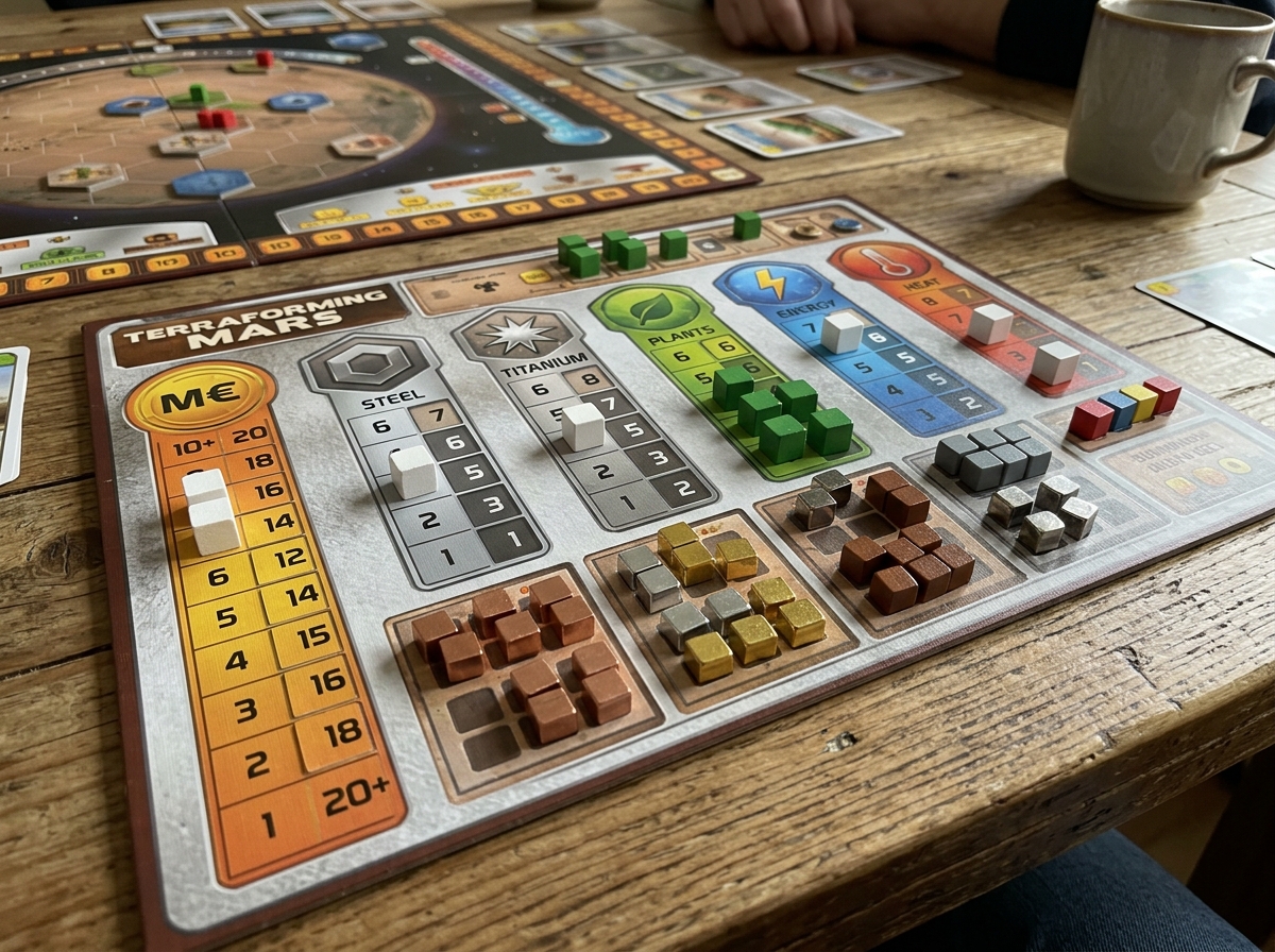 Player board setup showing production tracks and resource storage - terraforming mars manual Player board setup showing production tracks and resource storage - terraforming mars manual