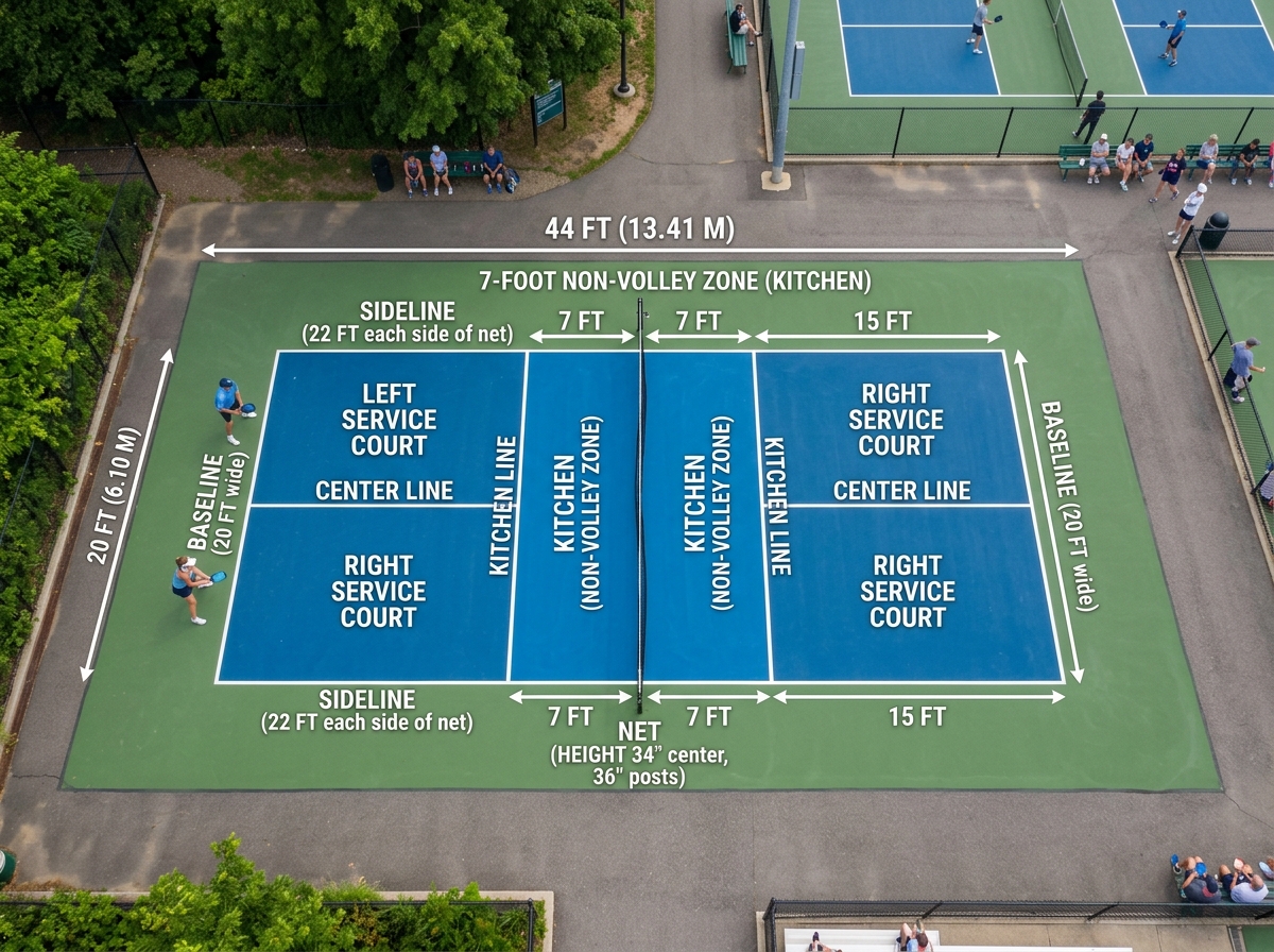 Labeled pickleball court layout showing dimensions and the kitchen - pickleball rules pdf
