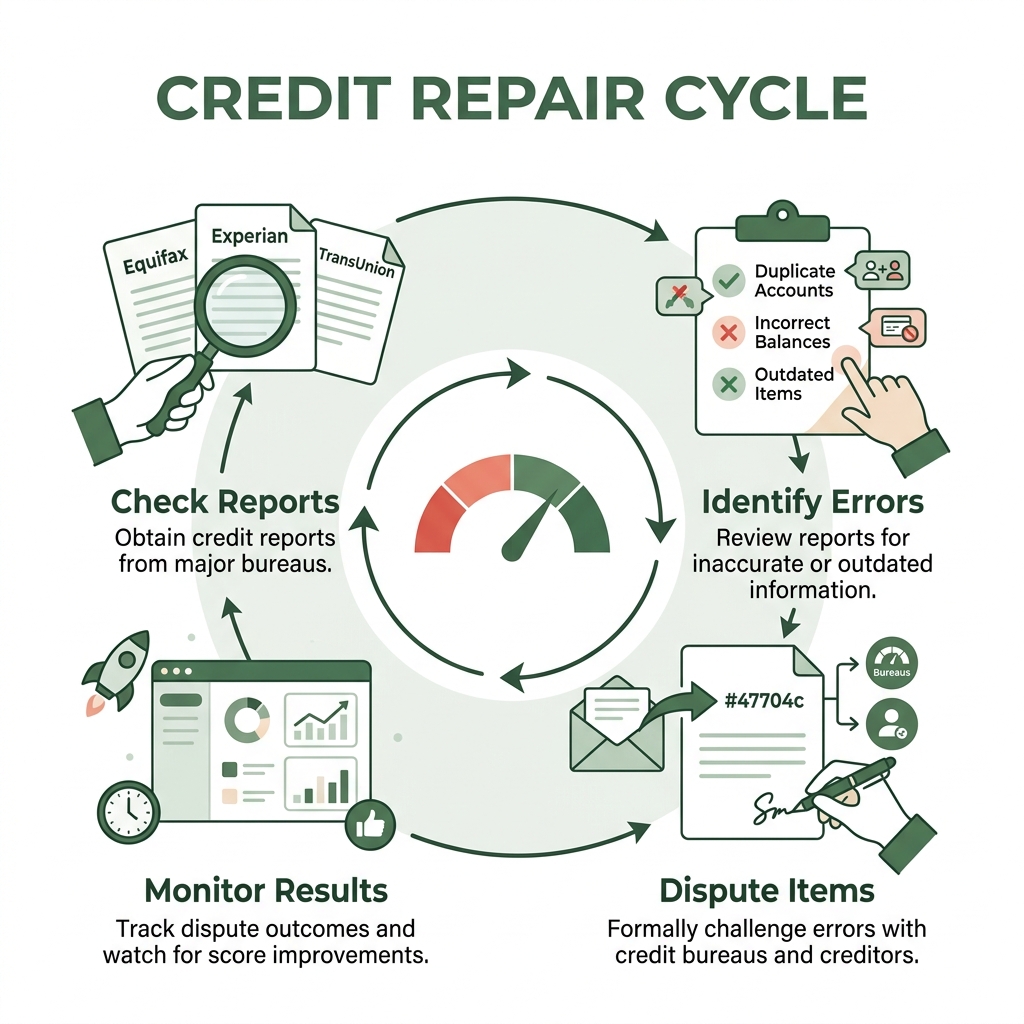 Credit repair cycle infographic: check reports, identify errors, dispute items, monitor results - what do credit repair Credit repair cycle infographic: check reports, identify errors, dispute items, monitor results - what do credit repair