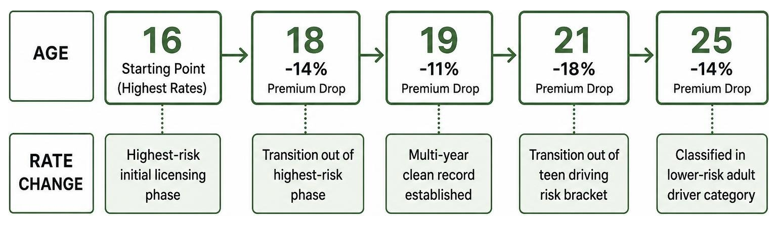 Diagram of rate decrease progression as a driver ages from 16 to 25