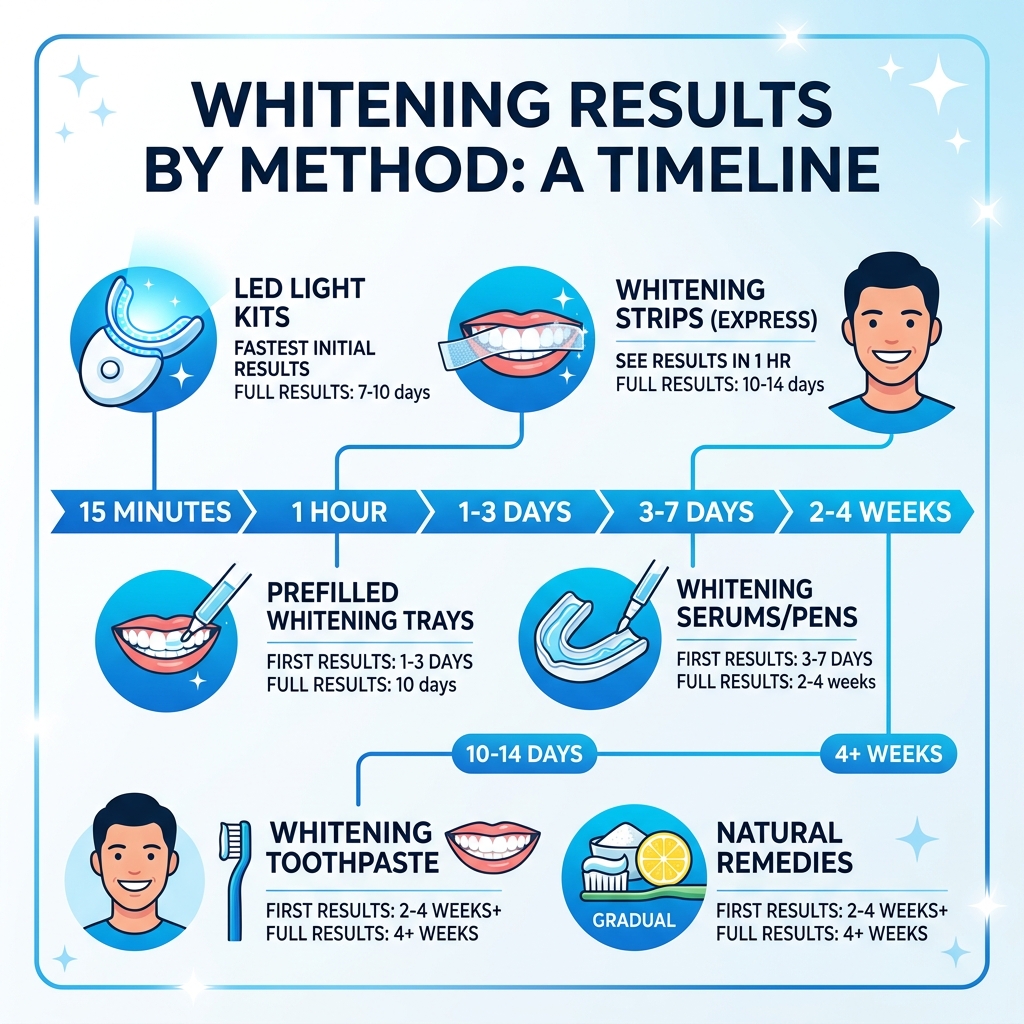 Timeline infographic showing whitening results by method from 15 minutes to 4 weeks - quick teeth whitening at home Timeline infographic showing whitening results by method from 15 minutes to 4 weeks - quick teeth whitening at home