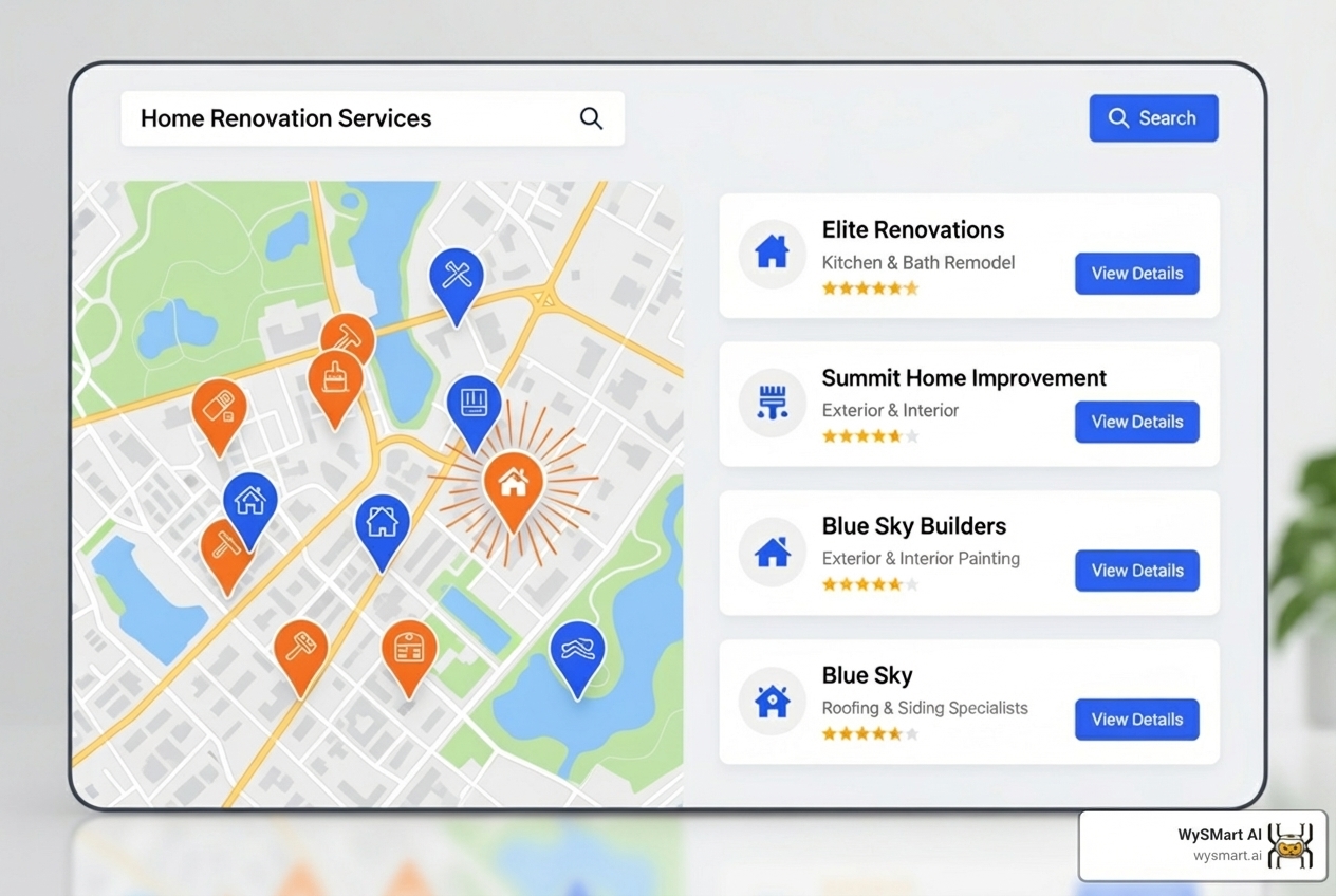 Google search results page for "kitchen remodelers near me" showing the local pack and top organic results - Home renovation marketing