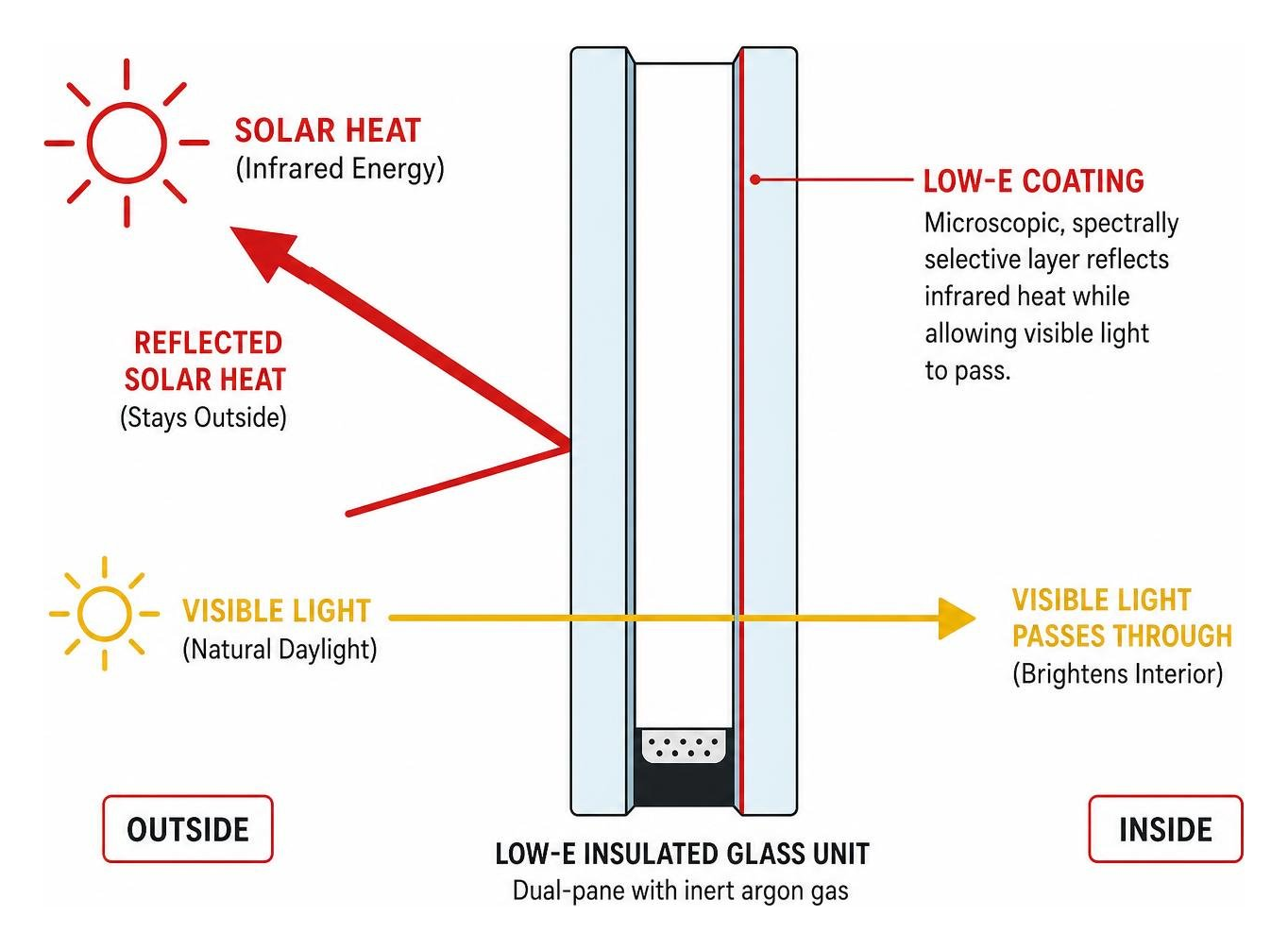 Diagram showing how Low-E glass reflects solar heat while allowing visible light inside Diagram showing how Low-E glass reflects solar heat while allowing visible light inside