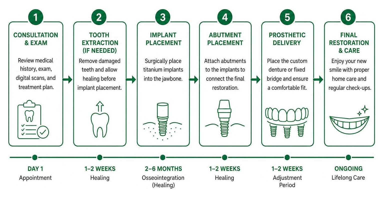Step-by-step dental implant treatment timeline from consultation to final restoration