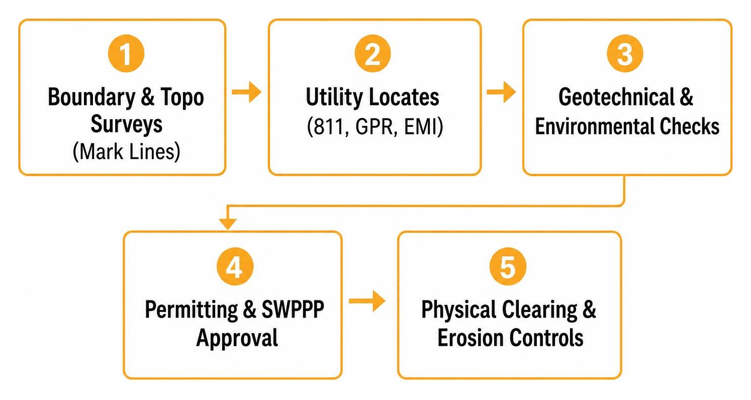 Pre-clearing due diligence sequence from survey to physical site mobilization Pre-clearing due diligence sequence from survey to physical site mobilization
