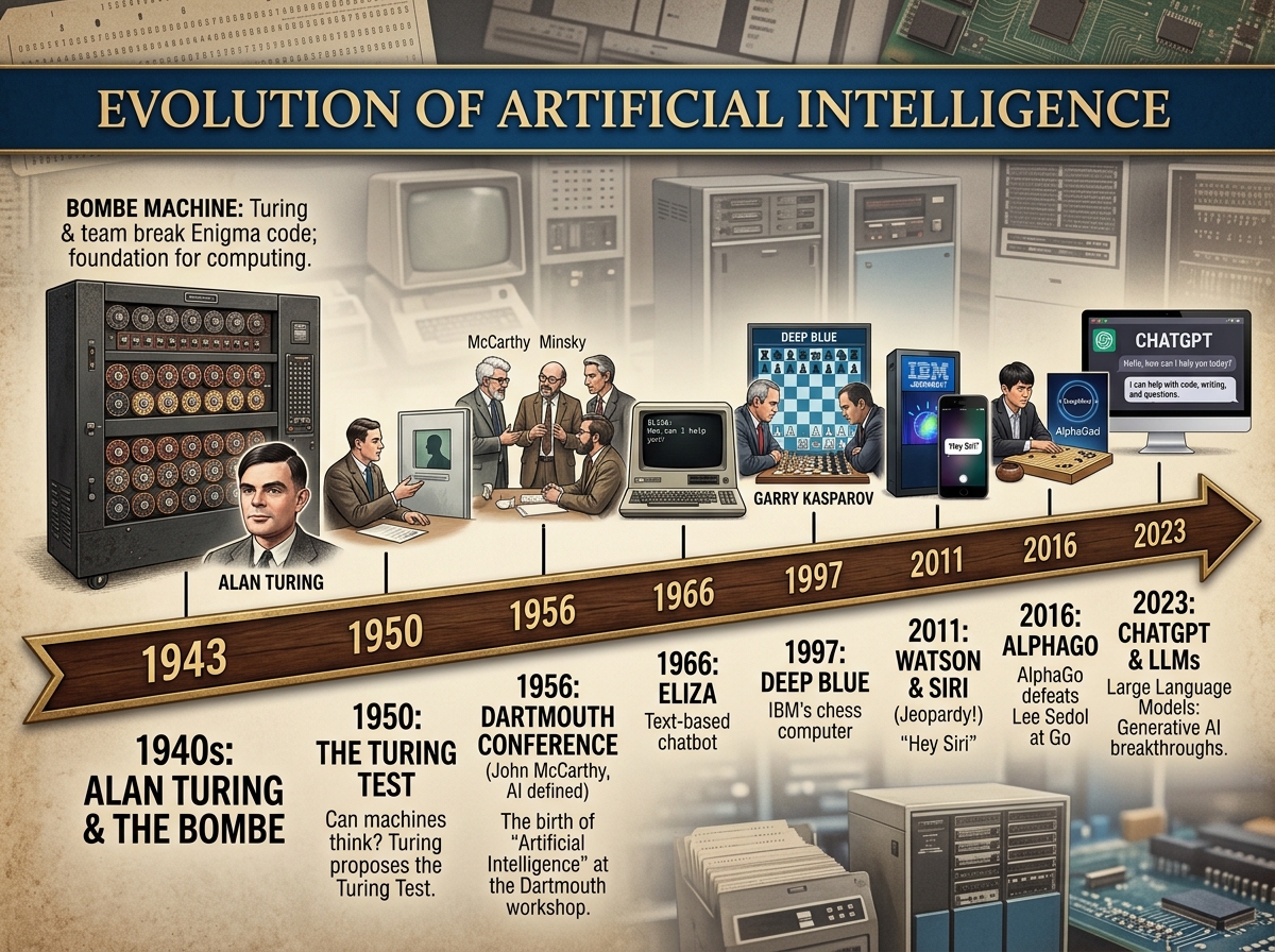 Timeline showing AI development from Turing's Enigma work to modern ChatGPT - ai history learning college